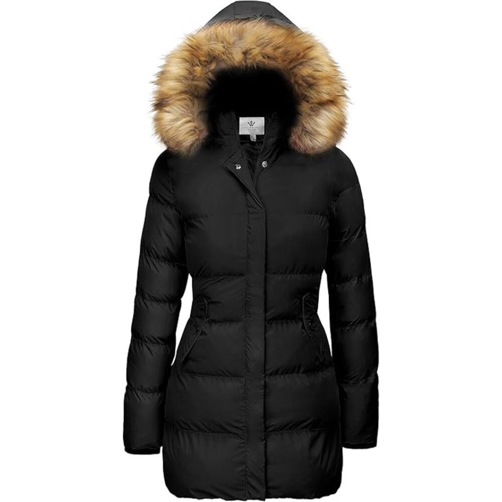 NWT WenVen Women's Bulky Winter Thicken Jacket with Fur Trim Hood,Black-Size M